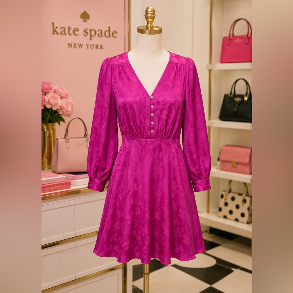 Kate Spade Bow Jacquard Pink Dress Jeweled Neck Coquette Soft Girl Size 2